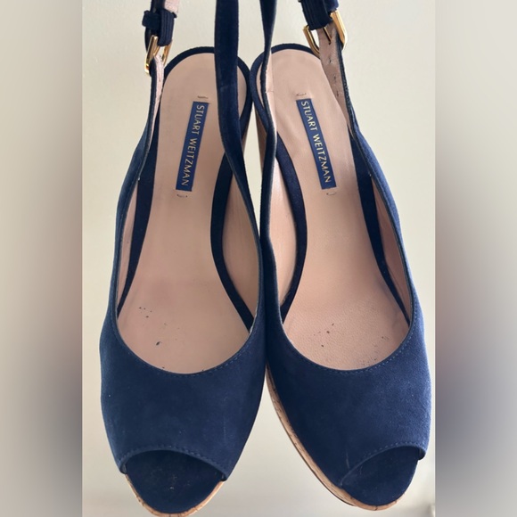 Stuart Weitzman Jean Suede Slingback Wedge Sandals size 8 1/2 Blue - Picture 12 of 12